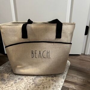 Rae Dunn Beige Beach Tote Bag with Black Handles